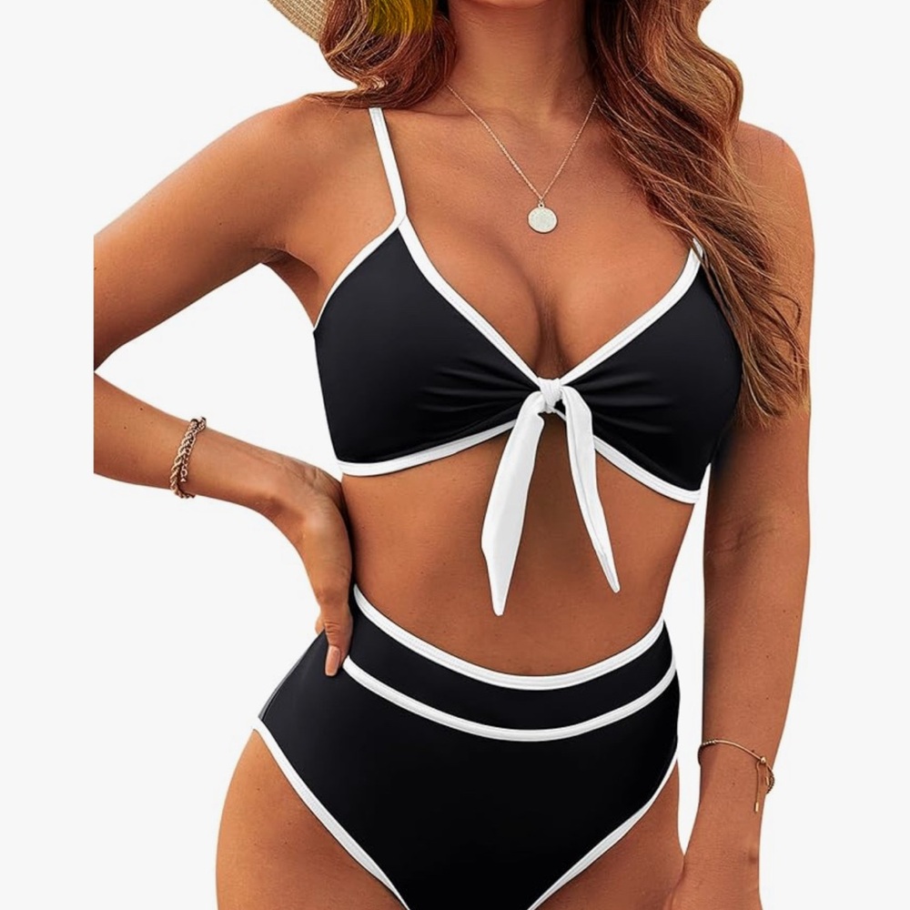 Sophisticated Black and White High-Waisted Bikini Set